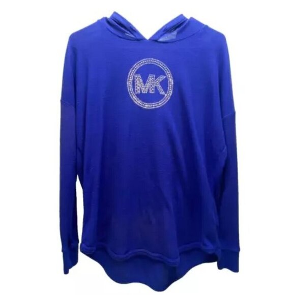 Michael Kors Womens Small Hooded Long Sleeve Knit Tunic Royal MK Bling Logo GUC - Picture 1 of 8